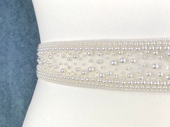 Crystal Pearl Bridal Wedding Belt Satin Ribbon Sash Waist Sash White Color Belt / Only One Size