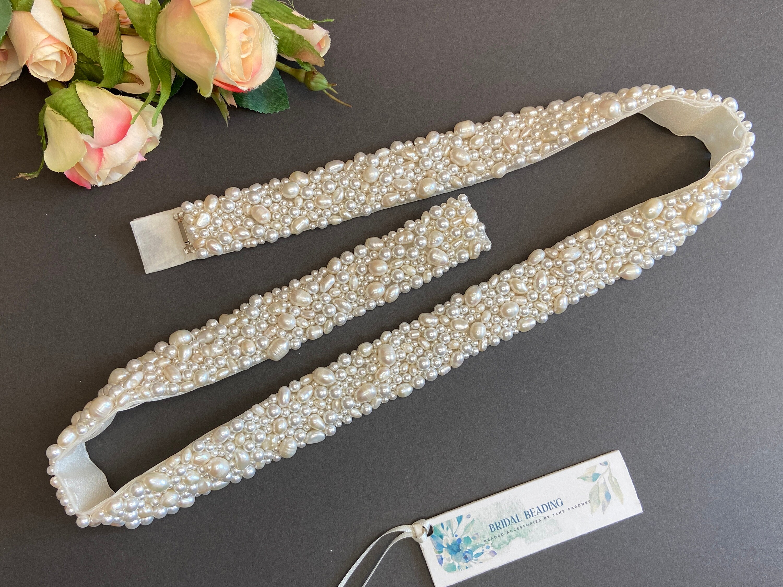 Ivory Freshwater Pearl Bridal Belt: Hand Sewn Wedding Sash  display picture 2