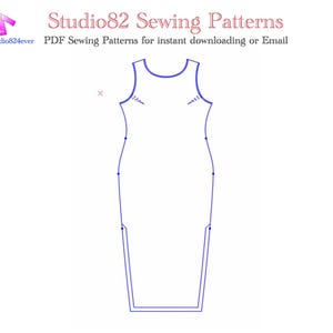 Può includere: Un contorno blu di un modello di abito senza maniche. Il testo "Studio82 Sewing Patterns" è in rosso, con il nome del canale YouTube "Studio824ever" e il testo "PDF Sewing Patterns for instant downloading or Email" in blu.