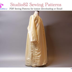 May include: A long, pale yellow satin robe on a mannequin. The robe has long sleeves and a floor-length hem. The text "Studio82 Sewing Patterns" is visible at the top of the image, along with the text "PDF Sewing Patterns for instant downloading or Email".