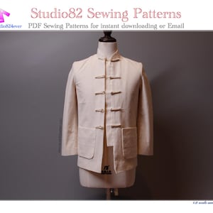 May include: A cream-colored jacket with a mandarin collar and frog closures, displayed on a mannequin. The jacket has two front pockets and is part of a sewing pattern collection. The text "Studio82 Sewing Patterns" is visible.