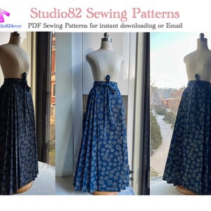 Puede incluir: Una falda de envoltura con estampado azul y blanco con un lazo en la cintura. La falda es larga y fluida, y se muestra en un maniquí. La imagen es de Studio82 Sewing Patterns, que ofrece patrones de costura PDF para descargar instantáneamente o por correo electrónico.
