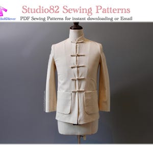 May include: A cream-colored jacket with a mandarin collar and frog closures, displayed on a mannequin. The jacket has two front pockets and long sleeves. The image also includes text that reads "Studio82 Sewing Patterns" and "PDF Sewing Patterns for instant downloading or Email."