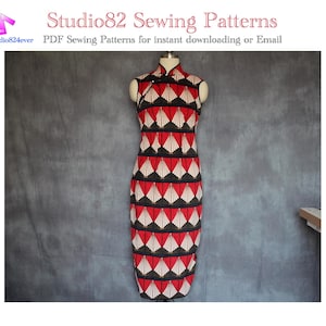 May include: A red and black dress with a geometric pattern. The dress has a mandarin collar and sleeveless design. Studio82 Sewing Patterns PDF Sewing Patterns for instant downloading or Email.