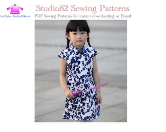 Digital Sewing Pattern: Girls' Knee-Length Cap Sleeve Qipao Dress with video/PDF tutorial