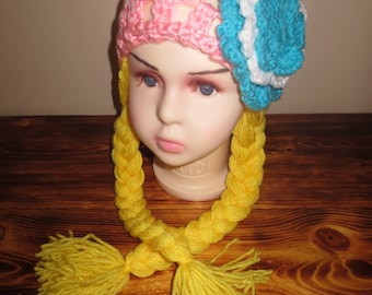 Chapeau au crochet fille cheveux tresse avec fleur en option