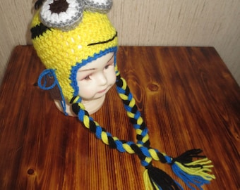 Despicable Me Purple Evil or Yellow Minion Crochet Hat with optional earflaps and braids