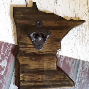 MN Bottle Opener | Soda | Beer | Beverage | Rustic | Reclaimed Wood | Pallet | Sturdy | Key Hole | Routered | Stained | Minnesota | State