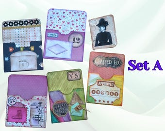 Vintage-Inspired Library Card Pocket Set – Handmade Mini Pocket Book with Coffee-Dyed Paper & Hand-Decorated Library Cards for Journals, Etc