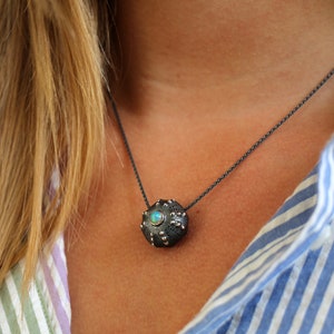 The dark Sea urchin necklace – Silver pendant and necklace with opal – Ocean and Sea jewelry - Handmade