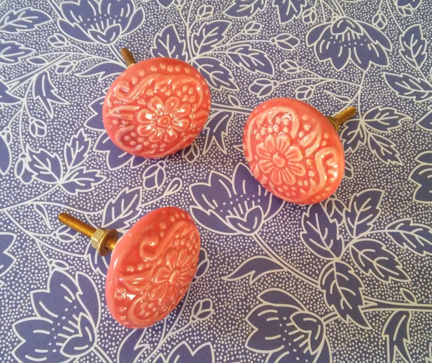 Ceramic Coral Pink Orange Knobs Pulls Handles Round Flower