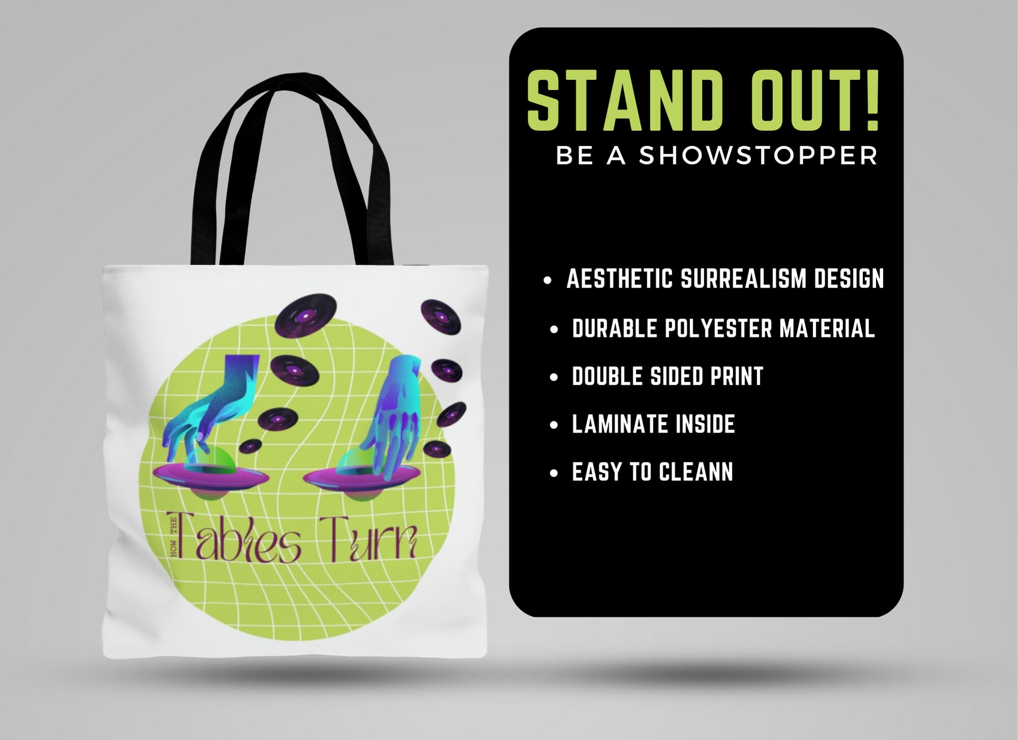 How the Tables Turn Green DJ Turntable Tote Bag, Surrealism Tote, Alien