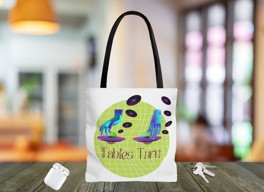 How the Tables Turn Green DJ Turntable Tote Bag, Surrealism Tote, Alien