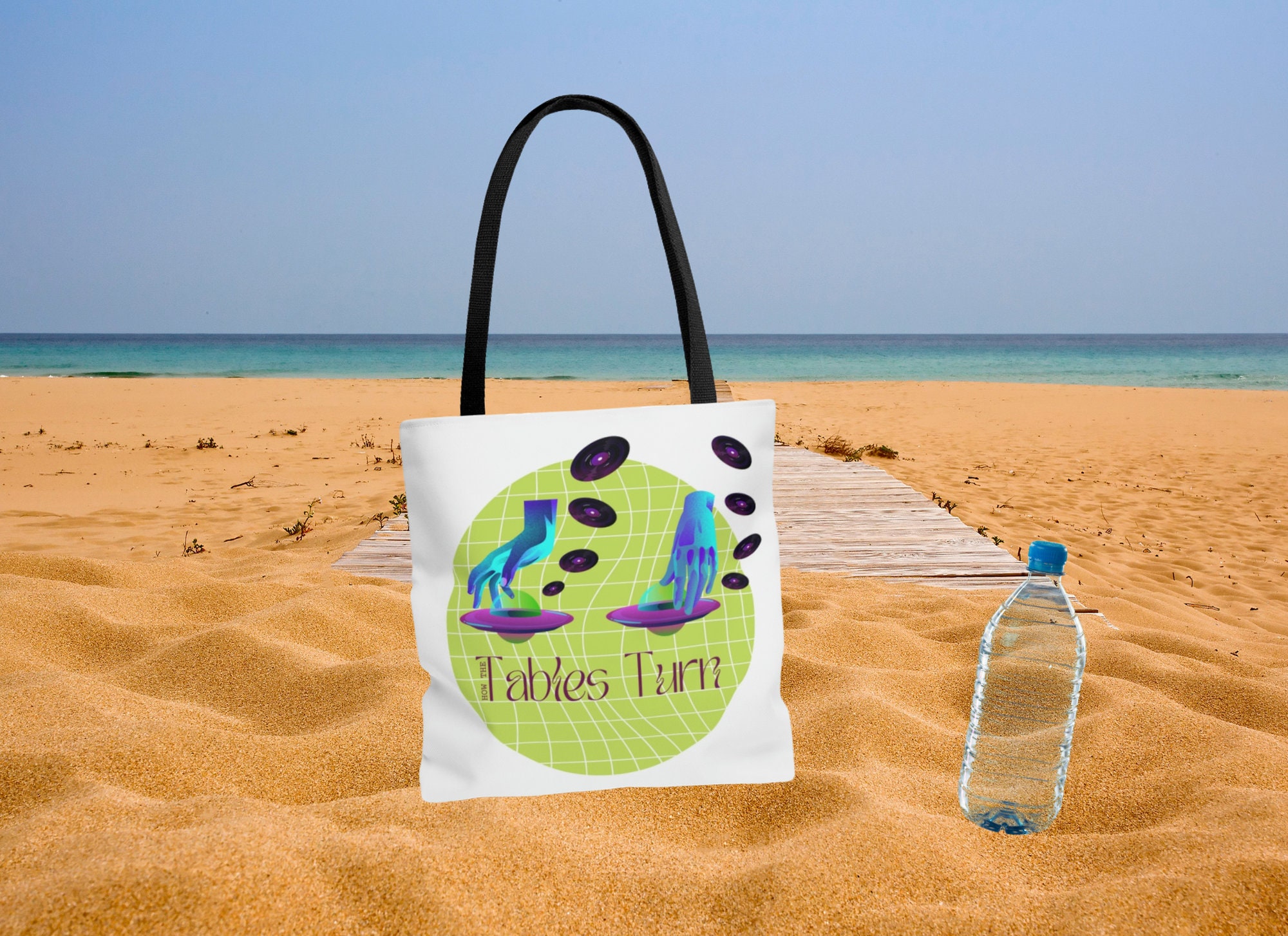 How the Tables Turn Green DJ Turntable Tote Bag, Surrealism Tote, Alien