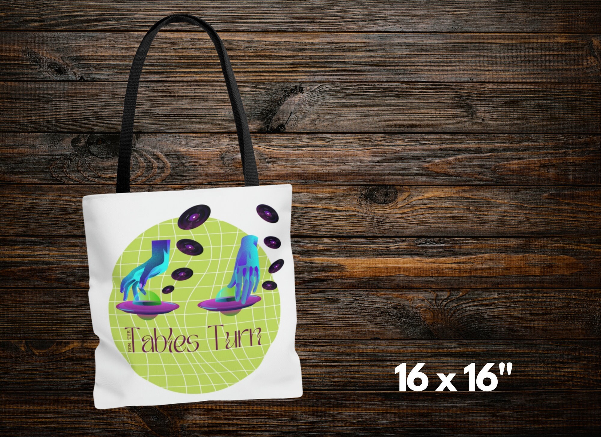 How the Tables Turn Green DJ Turntable Tote Bag, Surrealism Tote, Alien