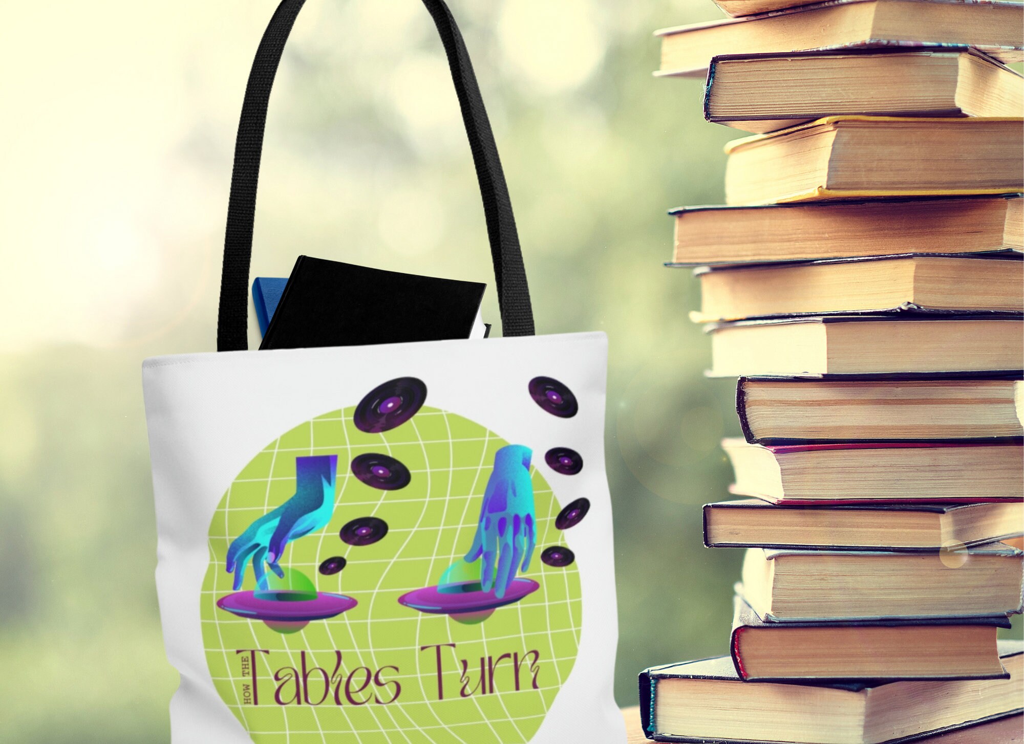 How the Tables Turn Green DJ Turntable Tote Bag, Surrealism Tote, Alien