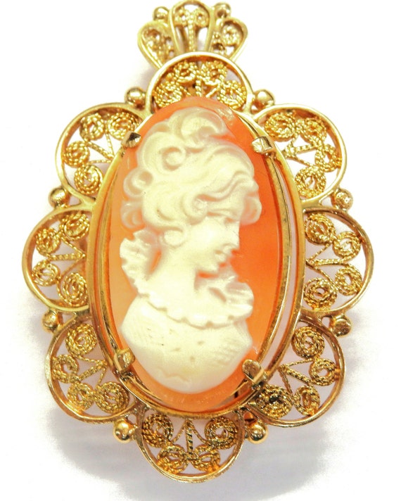 18k Yellow Gold Cameo Filigree Brooch Pendant #26… - image 1