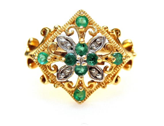 14k Yellow Gold Round Cut Emerald 0.05 ct Diamond… - image 1
