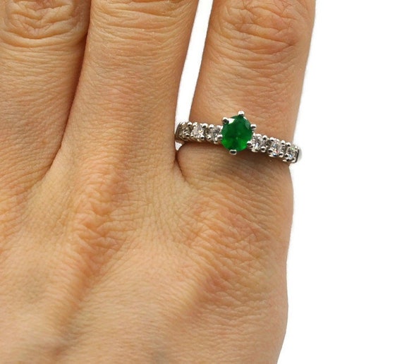 18K White Gold Diamond Emerald Solitaire Ring #25… - image 4