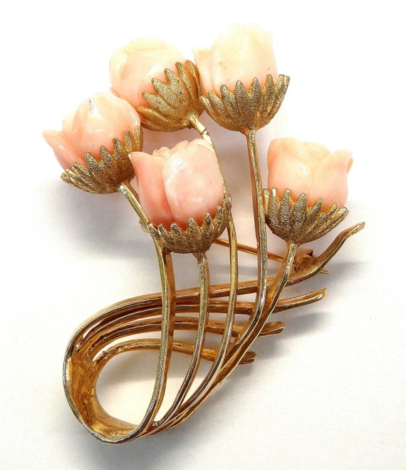 14k Yellow Gold Pink Coral Roses Flowers Brooch #… - image 1