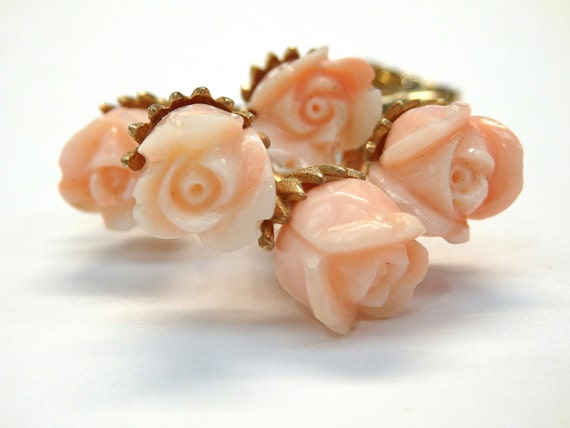 14k Yellow Gold Pink Coral Roses Flowers Brooch #… - image 2