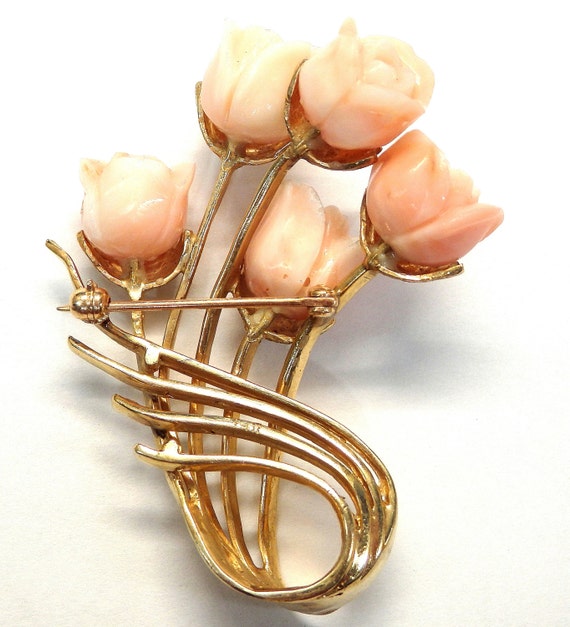 14k Yellow Gold Pink Coral Roses Flowers Brooch #… - image 4