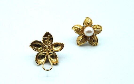 14k Yellow Gold Pearl Diamond Accent Flower Stud … - image 3