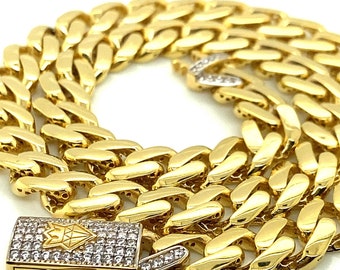 Collana catena di collegamento Monaco cava d'oro giallo 14K 30,6 grammi 16 pollici 9 mm