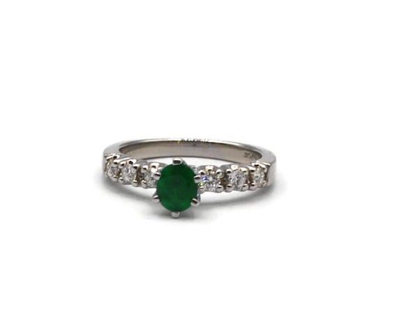 18K White Gold Diamond Emerald Solitaire Ring #25… - image 1