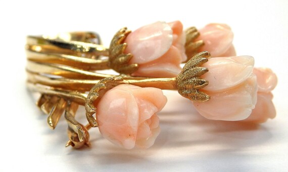 14k Yellow Gold Pink Coral Roses Flowers Brooch #… - image 3