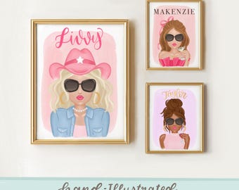 Custom Girly Portrait- Personalized Coastal Cowgirl Preppy Dorm Decor Printable Digital Art Print