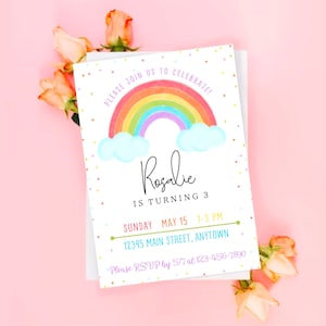 Regenbogen Geburtstagseinladung zum Ausdrucken - Regenbogen Geburtstag einladen - DIY Geburtstagseinladung Vorlage - Regenbogen Geburtstag