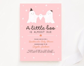 May include: Pink baby shower invitation featuring two white ghosts holding hands. The text reads "A little boo is almost due" and includes details about the event, including the date, time, location, and RSVP information.