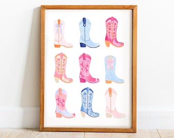 Cowboy Boots Hand Illustrated Printable Wall Art Digital Print - Coastal Cowgirl Decor - Preppy Dorm Decor Wall Art