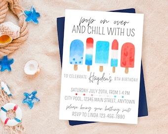 Könnte beinhalten: Eine weiße, rechteckige Geburtstagseinladungskarte mit Aquarellillustrationen von fünf bunten Eis am Stiel. Der Text lautet: Pop on over and chill with us to celebrate Hayden's 8th birthday, Saturday July 20th, from 1-4 PM, City Pool, 12345 Main Street, Anytown, please bring your bathing suit, RSVP to Linda 123-456-7890.