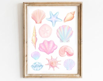 Coastal Seashells Hand Illustrated Printable Wall Art Digital Print - Coastal Cowgirl Decor - Coastal Dorm Wall Art - Preppy Beach Art