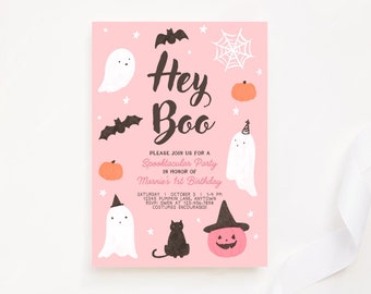 May include: Pink Halloween party invitation with a ghost, bats, a spider web, and pumpkins. The text reads "Hey Boo" and includes details for a Spooktacular Party in honor of Marnie's 1st birthday.