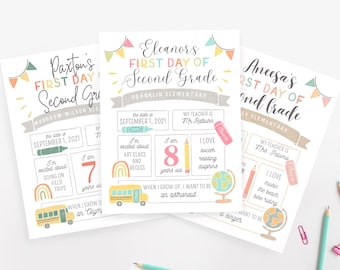 May include: Three printable first day of second grade signs with colorful borders and illustrations. The signs feature the student's name, the date, their age, their favorite things, and their teacher's name. The signs are designed for a classroom setting.