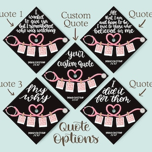 May include: Black graduation cap designs with various quotes and a stethoscope motif. Each cap features a different inspirational message, with options for custom text. The design includes a pink stethoscope and heart.