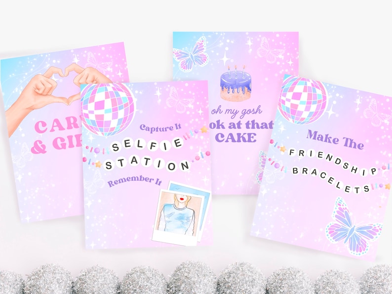 Puede incluir: Cuatro tarjetas de colores pastel con texto e ilustraciones. Una tarjeta dice "CAR & GIF". Otra dice "Capture It SELFIE STATION Remember It". Una tercera dice "oh my gosh ok at that CAKE". La &uacute;ltima dice "Make The FRIENDSHIP BRACELETS".