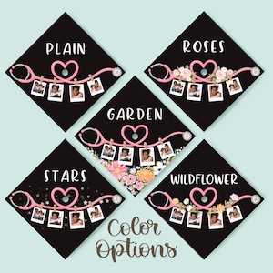 May include: A collection of black graduation caps with various designs. Each cap features a pink stethoscope, a heart, and photos. The designs include "Plain," "Roses," "Garden," "Stars," and "Wildflower." The words "Color Options" are also present.