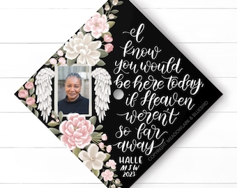 Custom Memorial Photo Graduation Cap Topper - Hand Lettered In Memory Floral Grad Cap