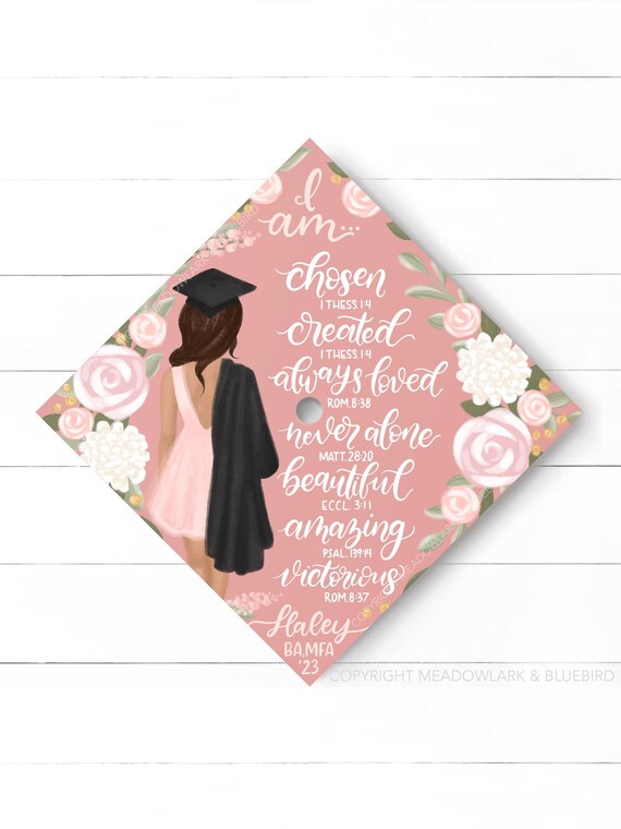 Custom Graduation Cap Topper - Customize Hair and Skin Tone - Hand Lettered Bible Verse Grad