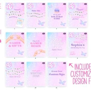 Puede incluir: Una colecci&oacute;n de 11 archivos de dise&ntilde;o personalizables con una paleta de colores pastel. Los dise&ntilde;os incluyen texto como "Selfie Station", "Cards & Gifts" y "Sophia's 12th Birthday Par-Tay". Cada dise&ntilde;o presenta gr&aacute;ficos de bola de discoteca y mariposa.
