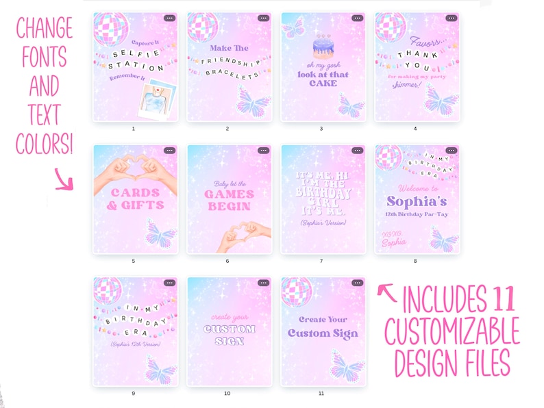 Puede incluir: Una colecci&oacute;n de 11 archivos de dise&ntilde;o personalizables con una paleta de colores pastel. Los dise&ntilde;os incluyen texto como "Selfie Station", "Cards & Gifts" y "Sophia's 12th Birthday Par-Tay". Cada dise&ntilde;o presenta gr&aacute;ficos de bola de discoteca y mariposa.
