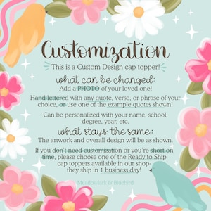 May include: A light blue background with floral and bird illustrations, and the word "Customization" in a script font. Text details custom design options, including photos, quotes, and personalization.