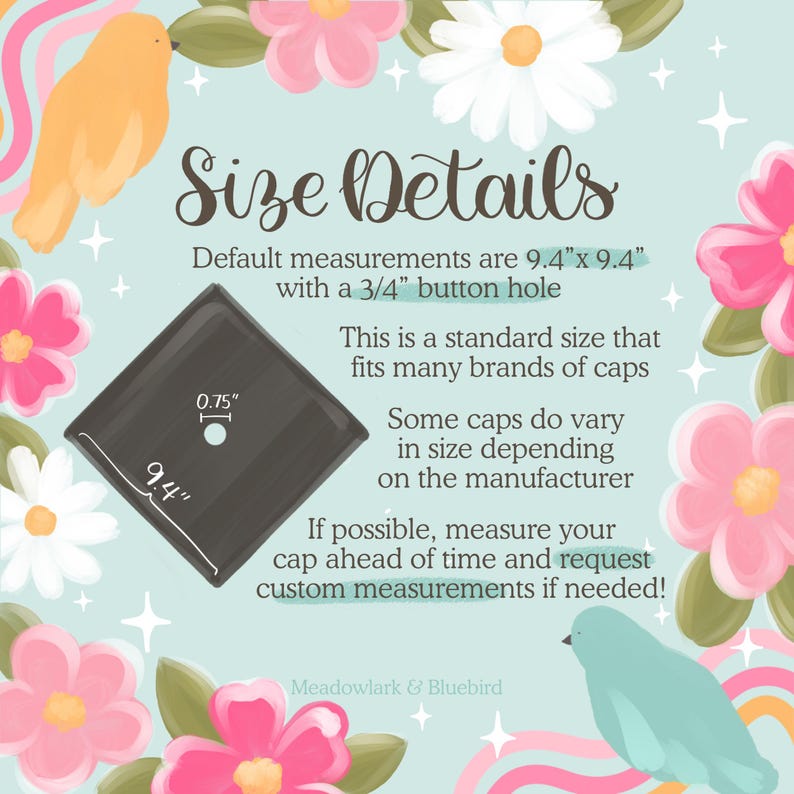 May include: A square, dark gray cap with a 0.75-inch hole and 9.4-inch sides is shown in an image with the text "Size Details." The text also states the cap fits many brands and suggests measuring for custom sizes.
