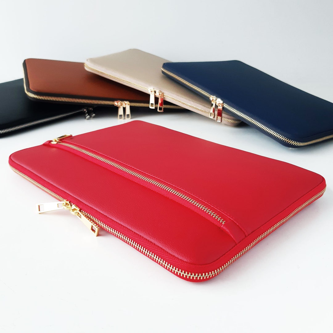 Leather Laptop Sleeve 16 Inch With Pocket, Gold Zipper, Laptop Case 16