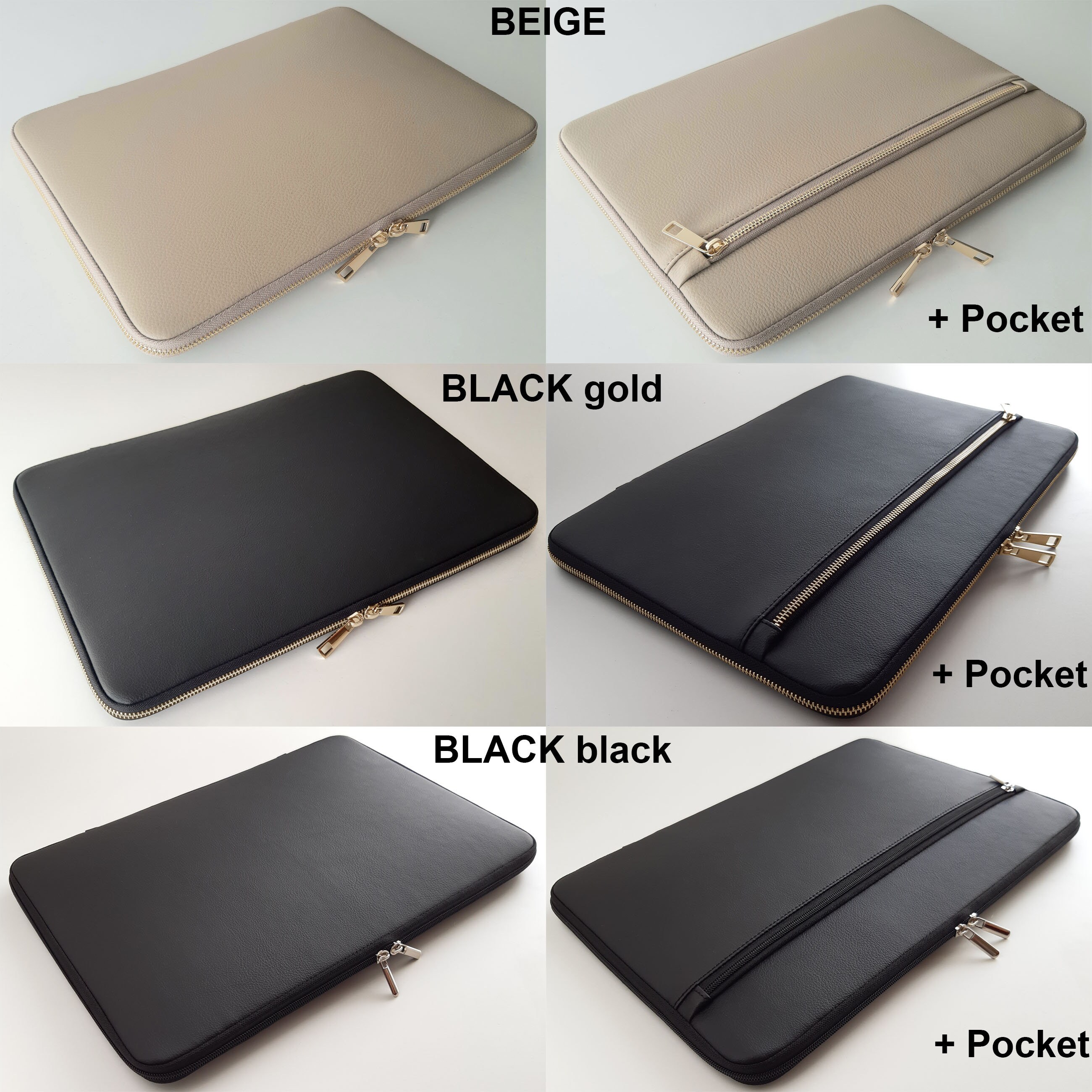 Laptop Sleeve 17 Inch With Pocket, Gold Zip, Leather Laptop