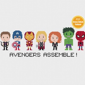May include: Cross stitch pattern featuring a line of pixelated Avengers characters, including Hawkeye, Captain America, Iron Man, Thor, Black Widow, Hulk, and Spiderman. The text "AVENGERS ASSEMBLE!" is below the characters.